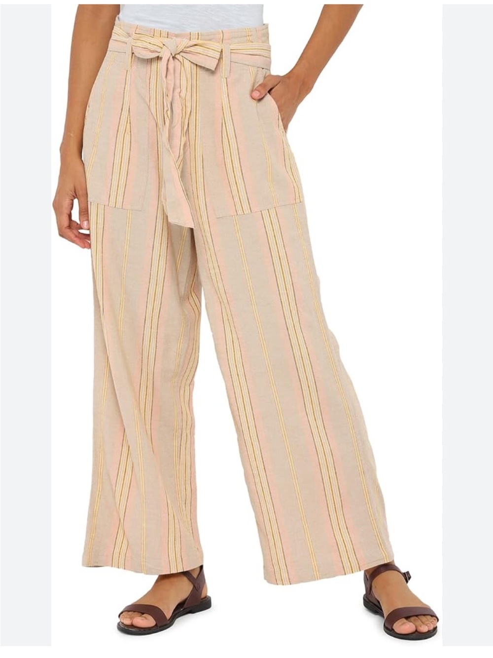 American Eagle Paperbag Pants Women's Large NWT Wide Leg Stripe Linen Blend Belt
